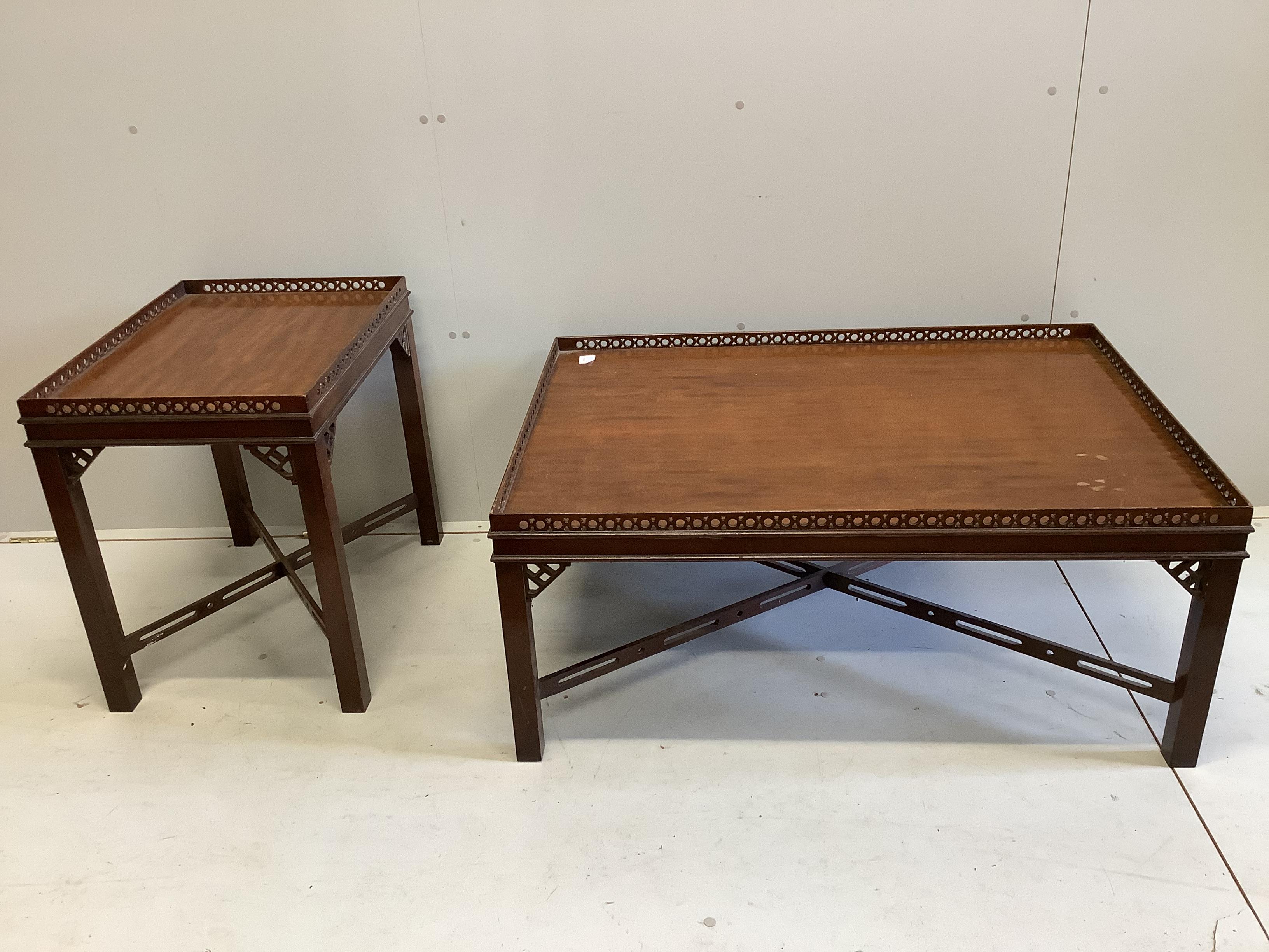 Two reproduction George III style rectangular mahogany coffee tables, larger width 108cm, depth 77cm, height 46cm